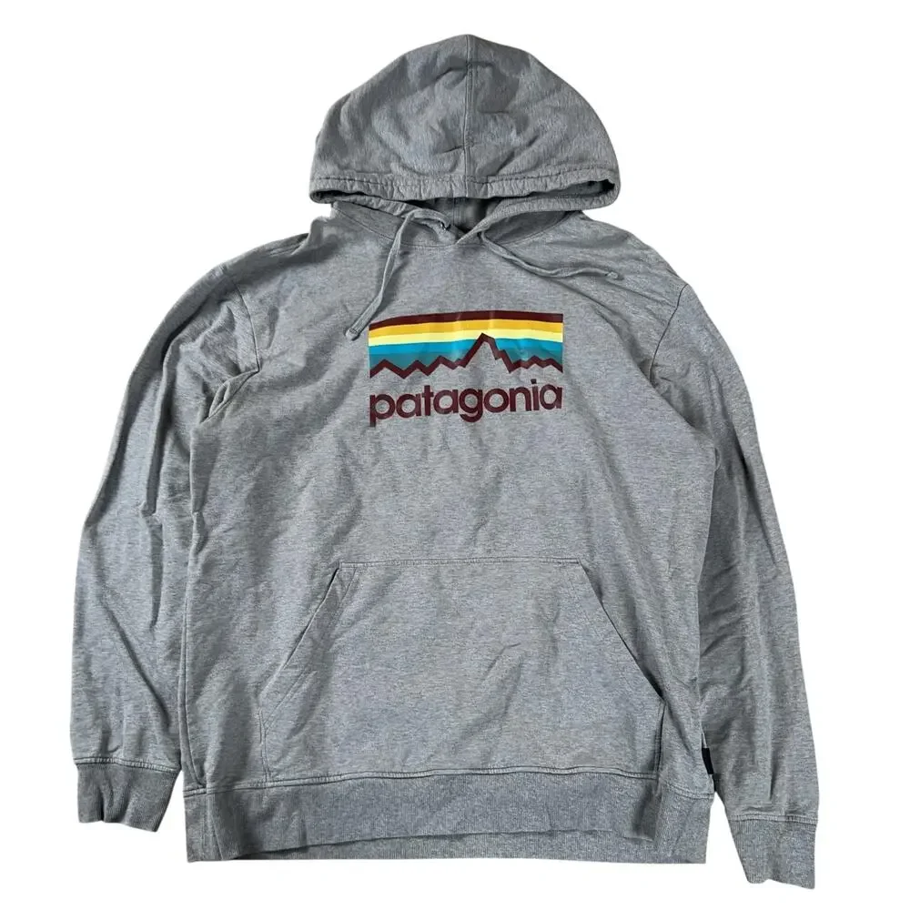 Patagonia Sweater Mens L Gray Pullover Hooded Pockets Graphic Organic Cotton